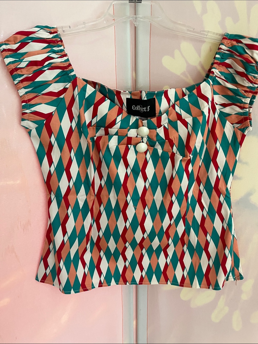 Collectif Teal Coral White Diamond-Print Puff Sleeve Crop Top